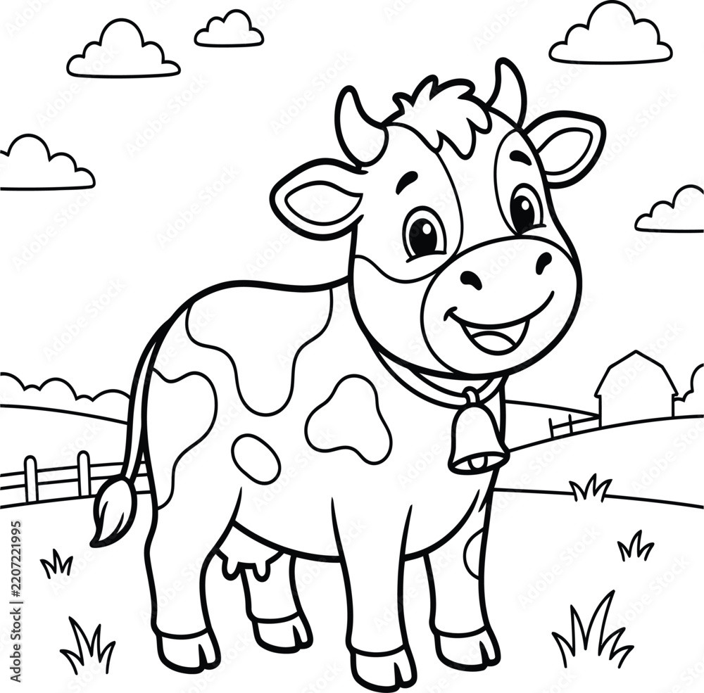 Obraz premium Cute cartoon cow with clouds and green pasture illustration in black and white