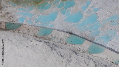 Aerial view of breathtaking natural site of white travertine thermal terraces, Pamukkale, Türkiye	
