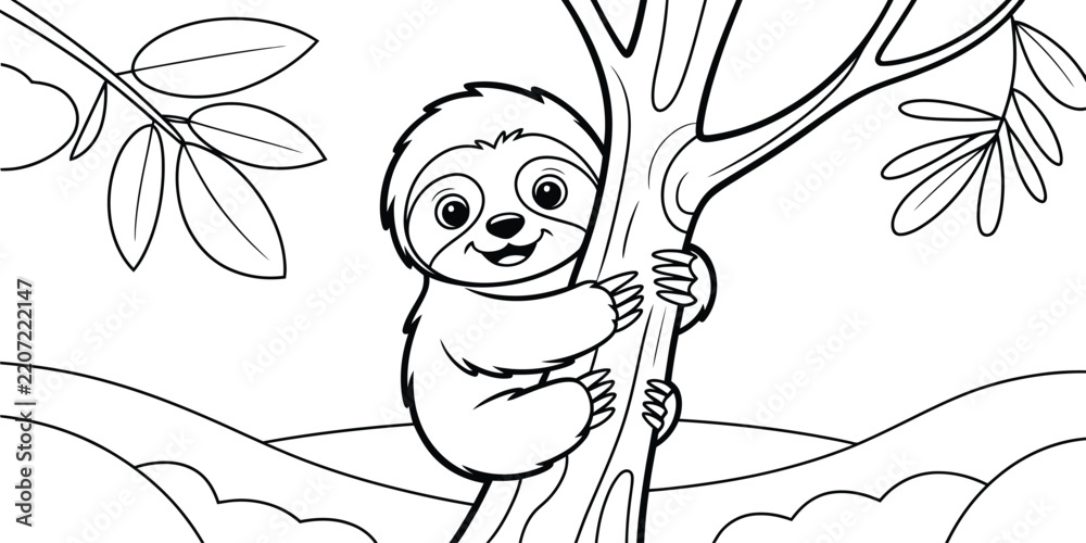 Obraz premium Happy cartoon sloth hanging on tree branch with leafy background perfect for nature themes or casual designs.