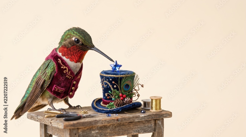 Obraz premium Hummingbird wearing a velvet vest decorating a miniature top hat