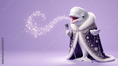 Beluga whale singer wearing a luxurious purple and white fur coat