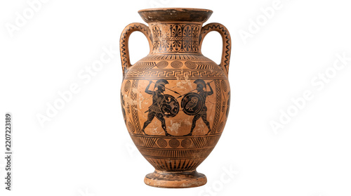 Obraz na plátně Ancient greek amphora vase with warriors and mythical creatures on transparent background png
