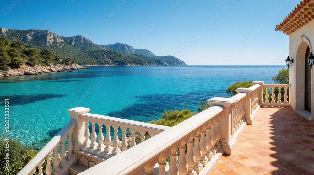 Obraz premium Elegant Mediterranean villa balcony overlooks calm turquoise sea, rocky coastline. Luxury terrace with stone balustrade offers scenic ocean view. Sunny summer day at seaside estate provides peaceful