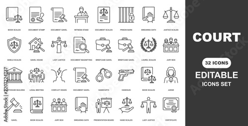Court icon set. Editable line icons. Vector illustration.