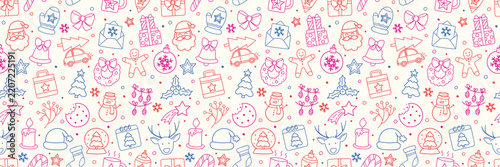 Christmas seamless pattern with cute hand drawn decorations. Holiday background with cute ornaments. Vector illustration