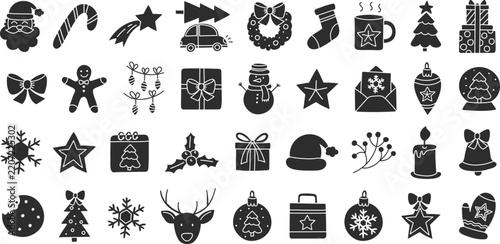 Christmas icon set. Hand drawn holiday decorations. Vector illustration