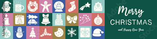 Christmas greeting card with holiday ornaments. Vector illustration