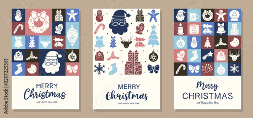Christmas greeting card set with holiday ornaments. Vector illustration