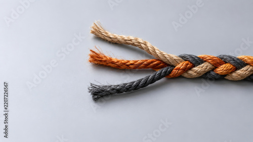 Three colored ropes braided together with loose ends. Space for text.