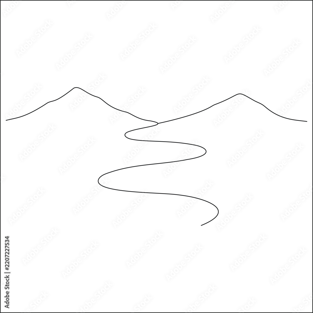 Obraz premium Abstract Mountain Peaks and Flowing River Continuous Line Drawing for Logo, Poster, Tattoo and Wall Art.
