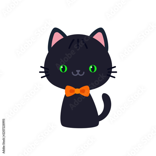 Cute cartoon black cat with bow