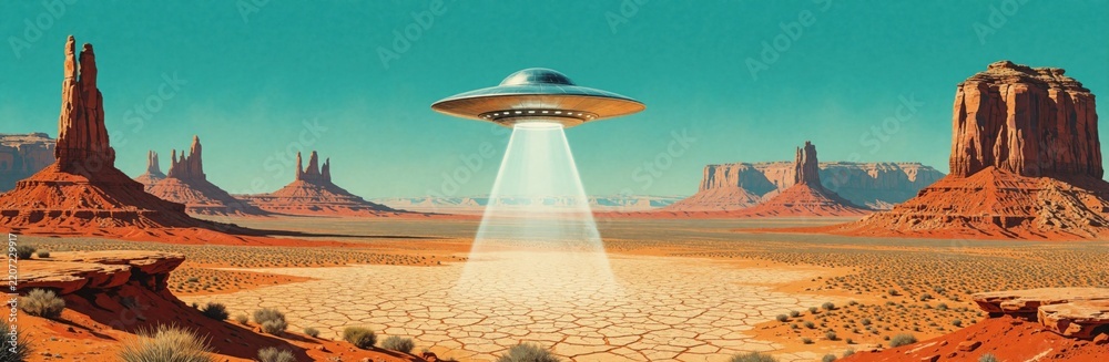 Fototapeta premium UFO flying over desert landscape with red rock mountains, dry cracked ground. Alien spacecraft hovers in blue sky emitting bright light beam from bottom. Extraterrestrial saucer visits earth in