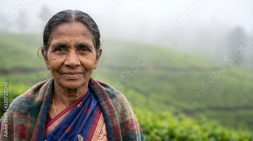 Elderly tea plucker woman standing in a misty tea plantation 