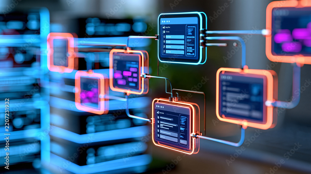 Obraz premium AI agentic workflow automation diagram featuring interface nodes, triggers, and data tool dashboards rendered in 3D, artificial intelligence concept, futuristic digital rendering,