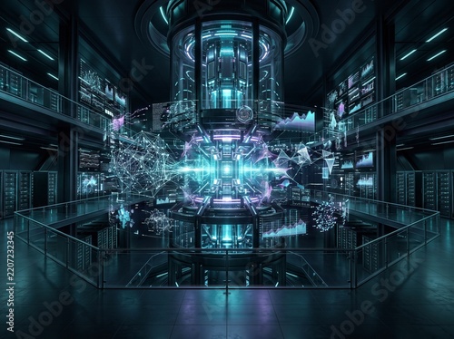 Futuristic Sci-Fi Data Center Featuring a Massive Glowing Cylindrical Quantum Computing Core Surrounded by Holographic Network Visualizations and Advanced Server Technology in a Multi-Level Circular F