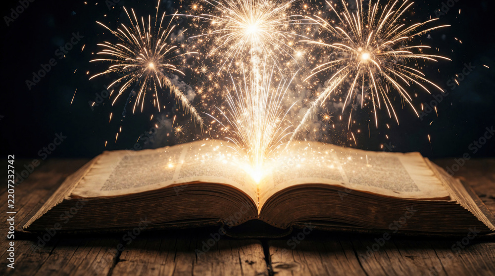 Obraz premium Open old book sits on rustic wooden table at night. Magic bright fireworks explode from pages with glowing sparkles. Fantasy light illuminates dark room. Imaginative concept of reading adventure,