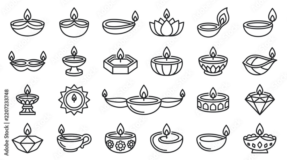 Fototapeta premium Decorative diwali oil lamp icons set featuring diverse traditional clay burner designs in black line art