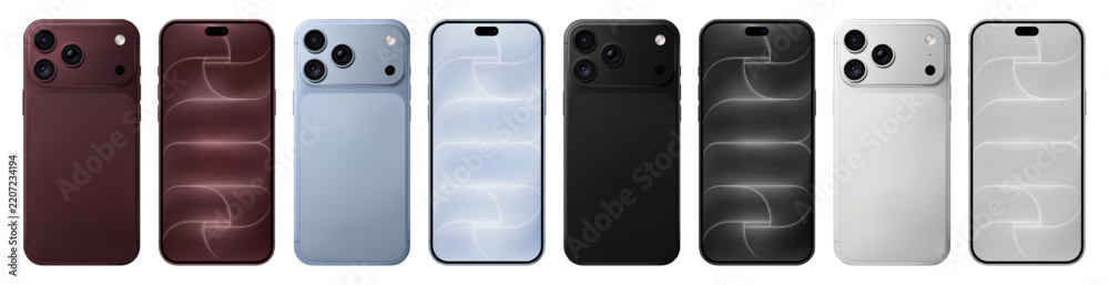 Fototapeta premium Detailed red, blue, black and silver mobile phone mockup pack. Smartphone front and rear view isolated on transparent background. Vector PNG