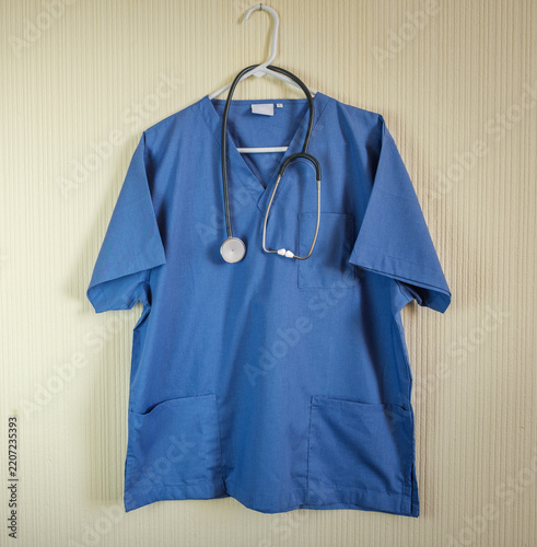 Blue Medical Scrub Top With Stethoscope