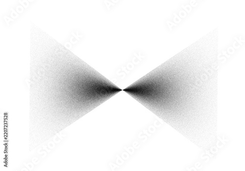 Black and white grainy gradient bowtie hourglass shape on white background. Soft noise stipple dual cone converging point effect for abstract and modern design element. Isolated flat vector 