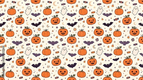 Seamless Halloween pattern with cute pumpkins ghosts and bats on a light background