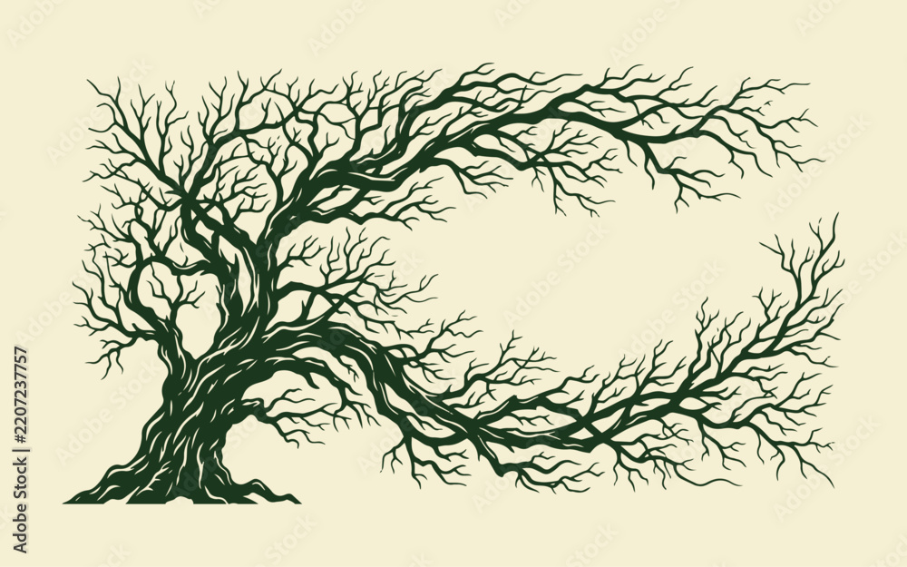 Fototapeta premium Dead tree with gnarly tangled leafless branches in spooky silhouette style
