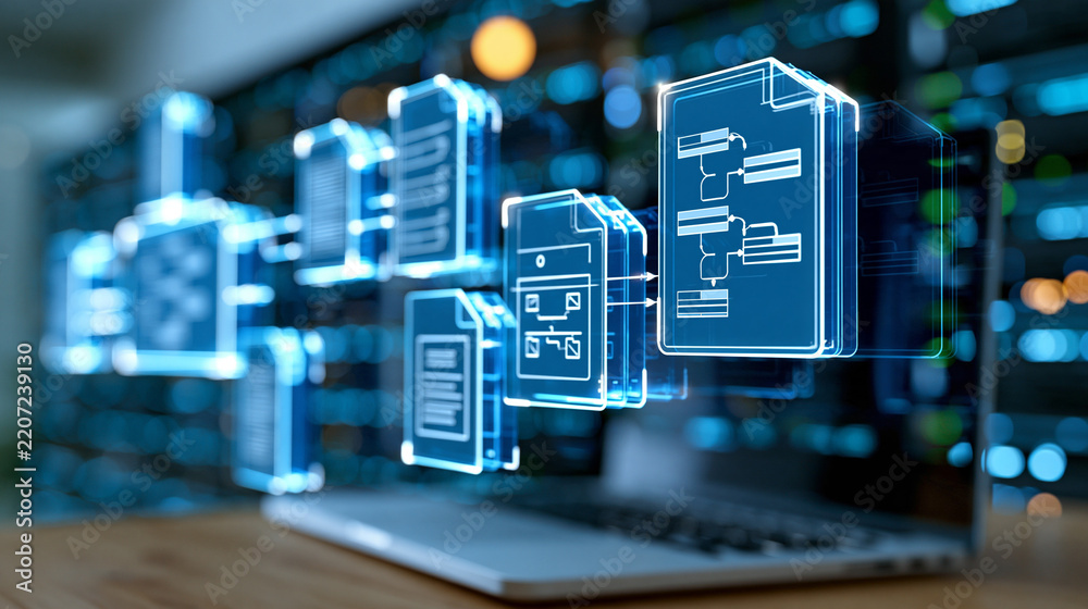 Fototapeta premium Business workflow automation system displayed alongside a flowchart and document management framework icons, enterprise content management concept, clean digital rendering,