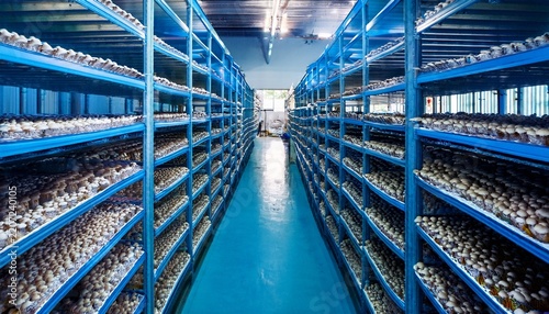 rows of cultivated mushrooms growing densely on blue metal shelving units inside a controlled agricultural facility