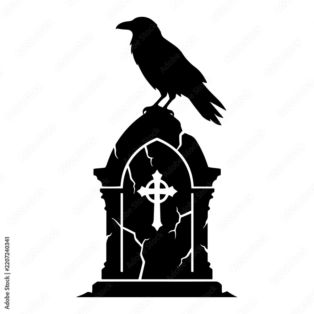Fototapeta premium Raven perched on a cracked tombstone in a cemetery silhouette style