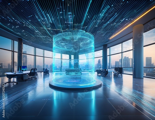 futuristic office interior with glowing holographic data sculpture and modern architectural design