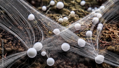 white mycelium network spreading over dark forest soil and organic matter