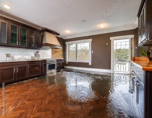 stunning photo of flooded kitchen floor in a home with dark cabinets concept for home insurance