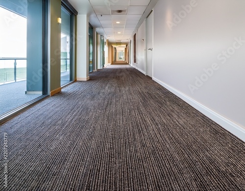textured loop pile commercial carpet in a bright modern office hallway interior design concept for corporate flooring solutions