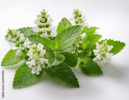 flowering lemon balm fresh herb sprigs on white background