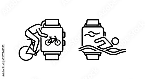 Smartwatch fitness tracker icons showing cycling and swimming activity tracking with cycling icon sports watch wearable technology health monitor