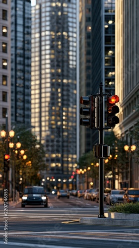 Urban city street at dusk with illuminated traffic lights and modern skyscrapers reflecting warm light in the background during evening rush hour