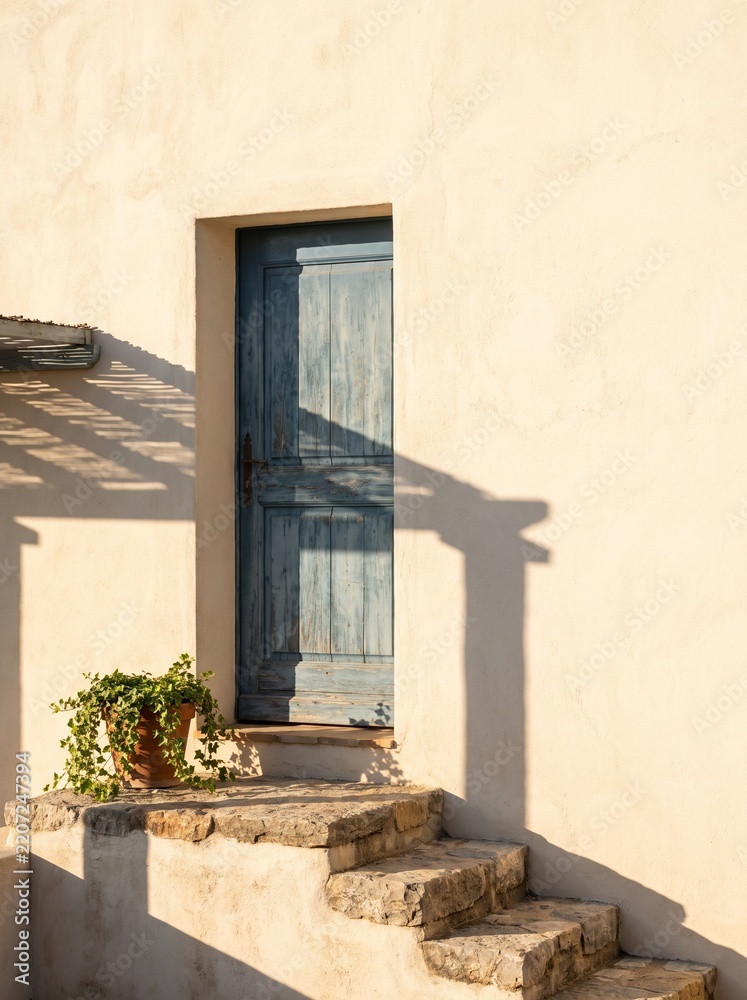 Obraz premium Blue vintage wooden door set in warm beige plastered wall with stone stairs and potted ivy for rustic Mediterranean facade.
