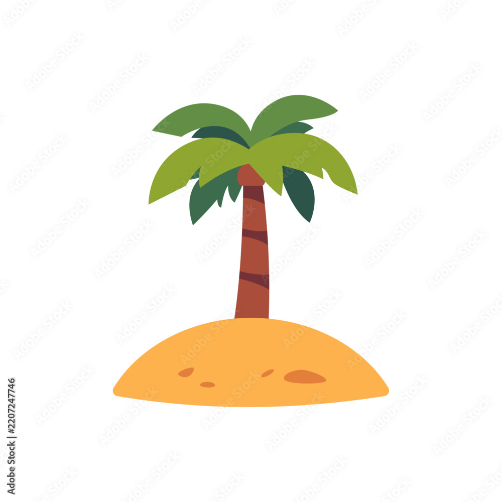 Obraz premium Small island icon with palm tree and sand, flat illustration