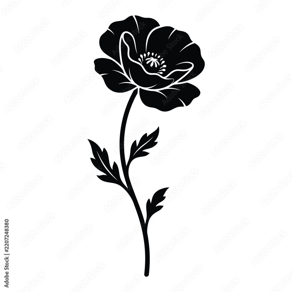 Obraz premium Black poppy flower vector illustration with delicate stem and leaves