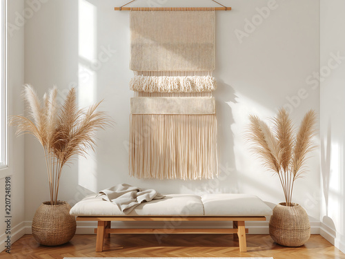 Woven macrame wall hanging with long fringe, wooden bench, and dried pampas grass in wicker vases inside a bright minimalist home interior