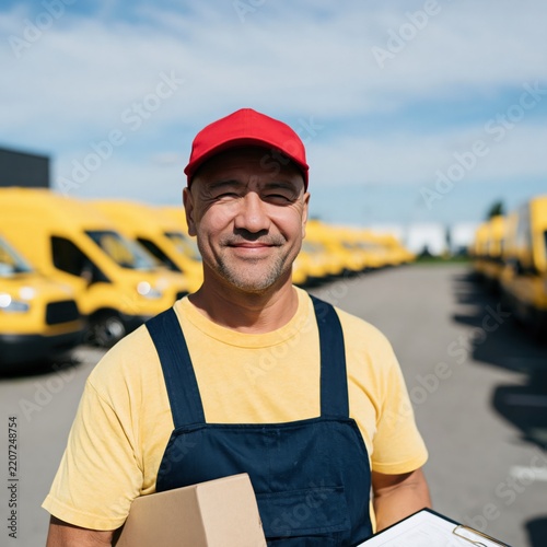 Delivery van driver portrait in yellow fleet holding package and clipboard for courier service website banner and marketing materials