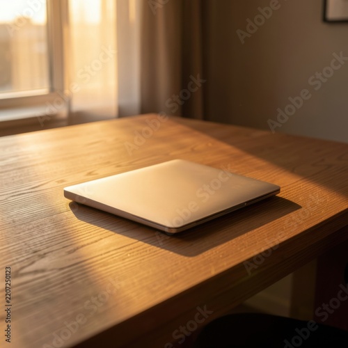 closed sleek modern silver laptop resting on a wooden desk illuminated by warm afternoon sunlight from a nearby window