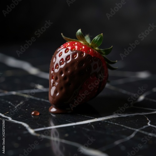 fresh ripe red strawberry dipped in glossy dark chocolate resting on black marble countertop beside a single chocolate droplet