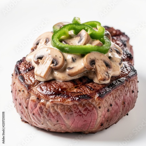thick juicy grilled beef steak smothered in creamy mushroom sauce and garnished with a raw green bell pepper ring on white background