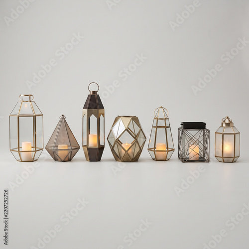Decorative candle lanterns displayed in a row