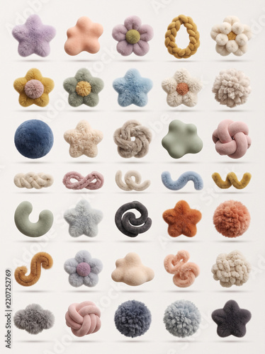 Soft textile shapes arranged in a neat grid