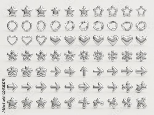 Silver foil balloon shapes arranged in neat rows