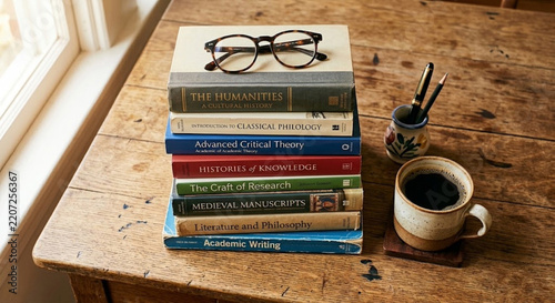 Stack of Books with Glasses and Coffee on Desk