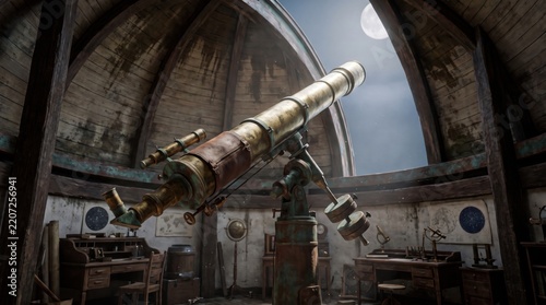 Vintage telescope in an old wooden observatory under a full moon night sky
