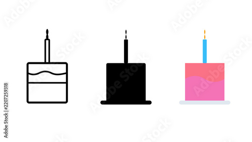 Three cake showing a cake outline, a solid black cake, and a pink cake with a blue candle on a white background